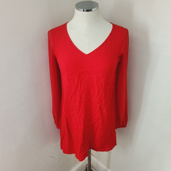 Express Red V Neck Tunic Blouse Sheer Sleeves‎ women's Size XS - Picture 1 of 4